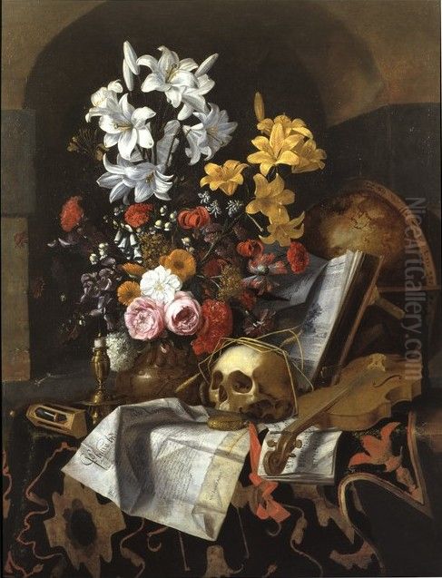 Vanitas still life with bouquet of flowers, a skull, a globe, a violin and documents Oil Painting by Cornelis Norbertus Gijsbrechts