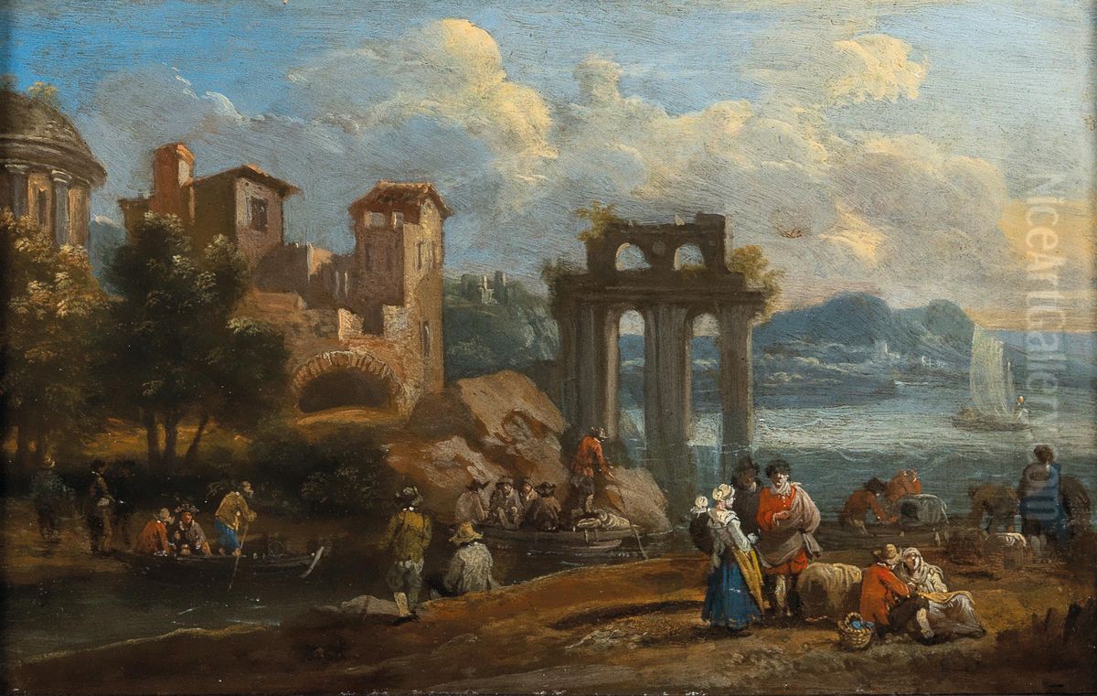 Coastal landscape with figures resting near ruins, a lake with boats beyond Oil Painting by Pieter Bout