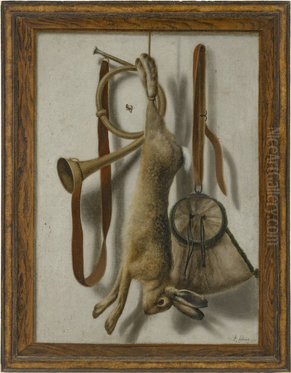 Trompe l'oeil of a hare, hunting horn and hunting satchel Oil Painting by Jacob Biltius