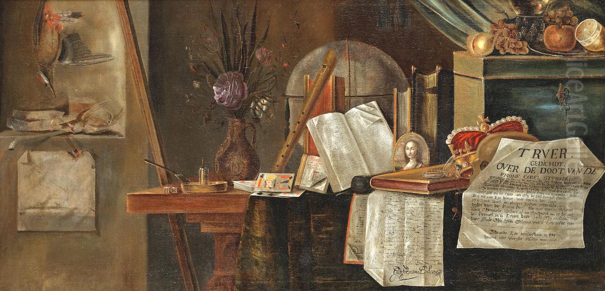 Vanitas still life with a poem concerning the death of Charles I Oil Painting by Godfriedt Van Bochoutt
