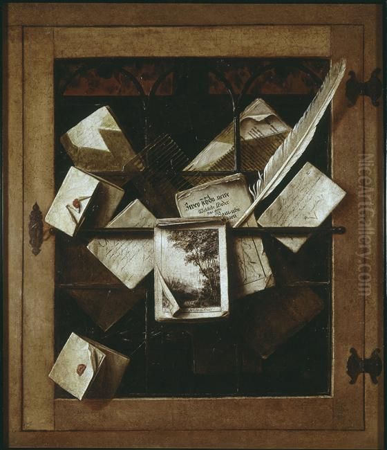 Trompe l'oeil of a stained-glass window with letters and printed matter Oil Painting by Cornelis Norbertus Gijsbrechts