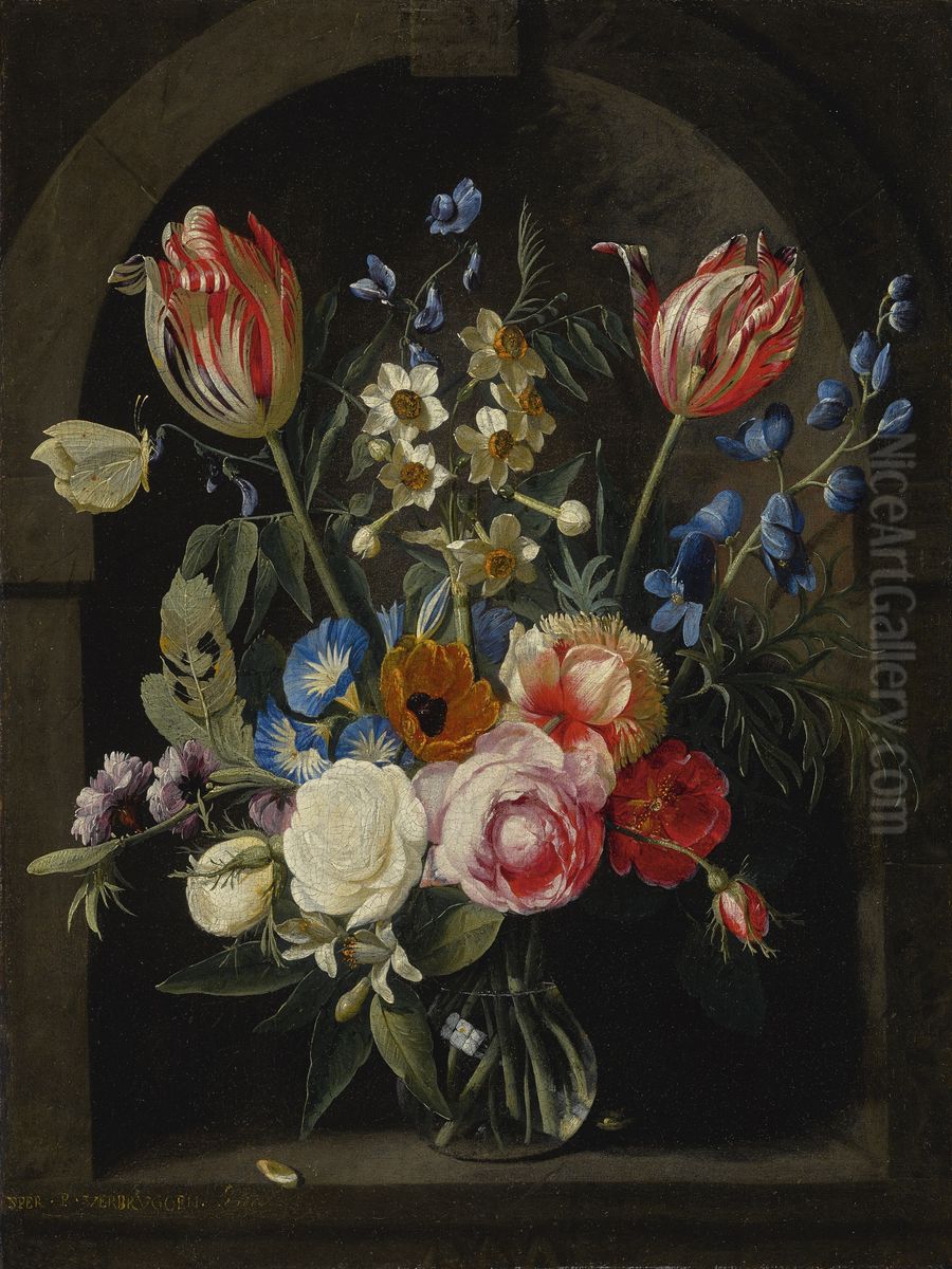 Still life of a glass vase flowers in a stone niche with tulips, peonies, narcissi and other flowers and a butterfly Oil Painting by Gaspar Peeter Verbruggen the Elder