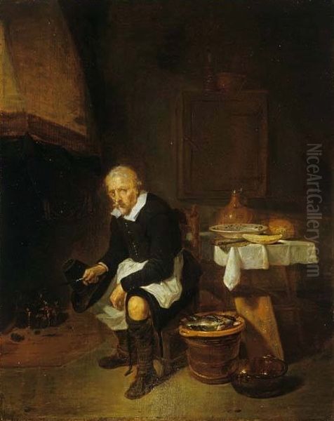 Old man by the fireside. Oil Painting by Quirijn van Brekelenkam