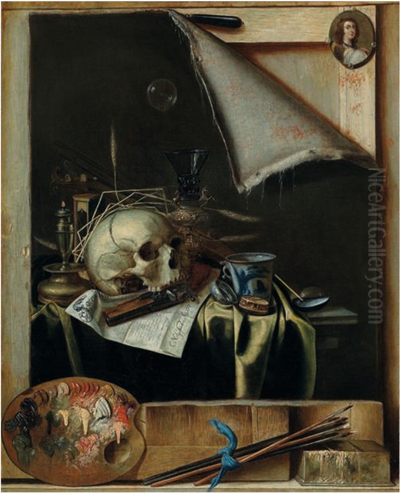 Trompe l'oeil Studio Wall with a Vanitas Still Life Oil Painting by Cornelis Norbertus Gijsbrechts