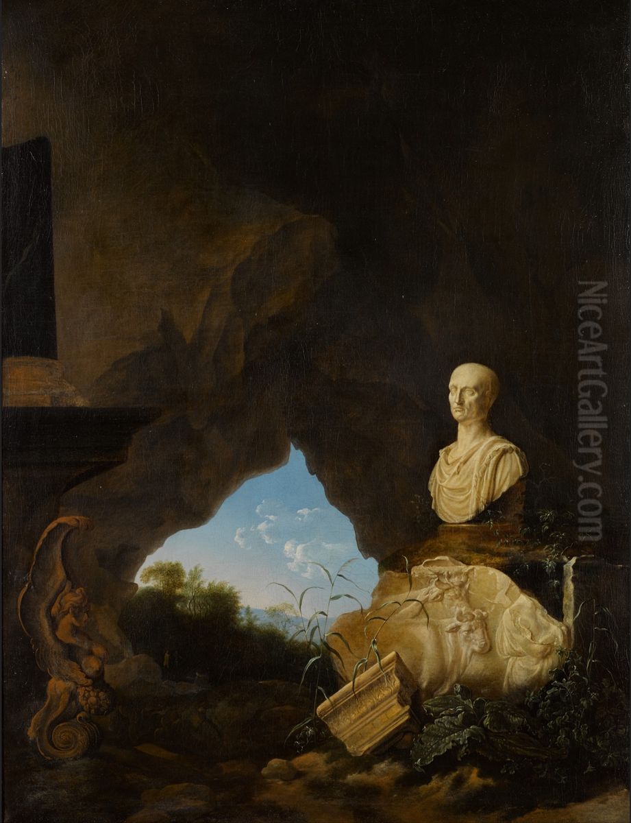 Grotto with an antique bust, relief fragments, and other objects, with an Italianate landscape beyond Oil Painting by Petrus Van Hattich