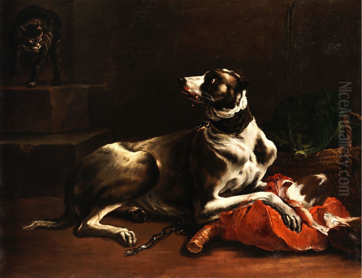 Eating dog confronted by envious cat Oil Painting by Justus Sustermans