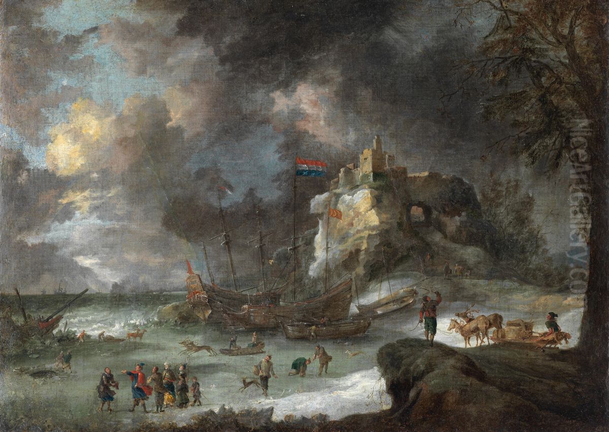 Winter coastal landscape with figures on sledges Oil Painting by Jan Peeters the Elder