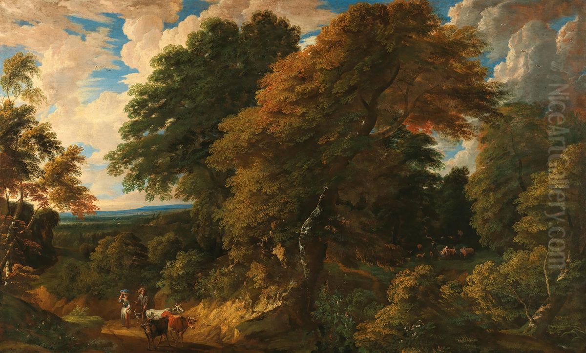 Wooded landscape with peasants and their cattle Oil Painting by Cornelis Huysmans