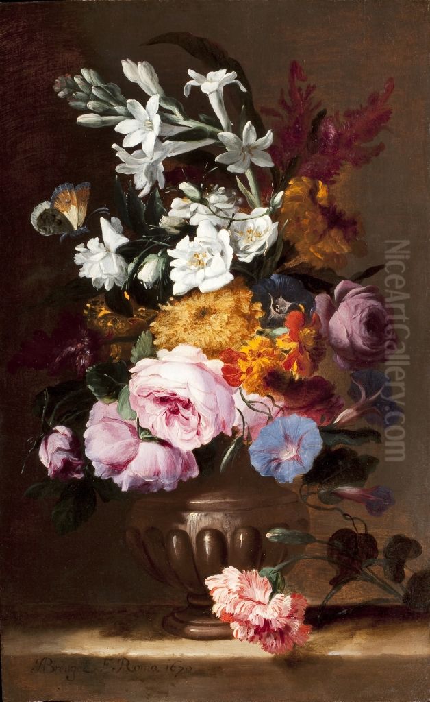 Roses, jasmine, primroses and other flowers in an urn on a stone ledge Oil Painting by Abraham Brueghel