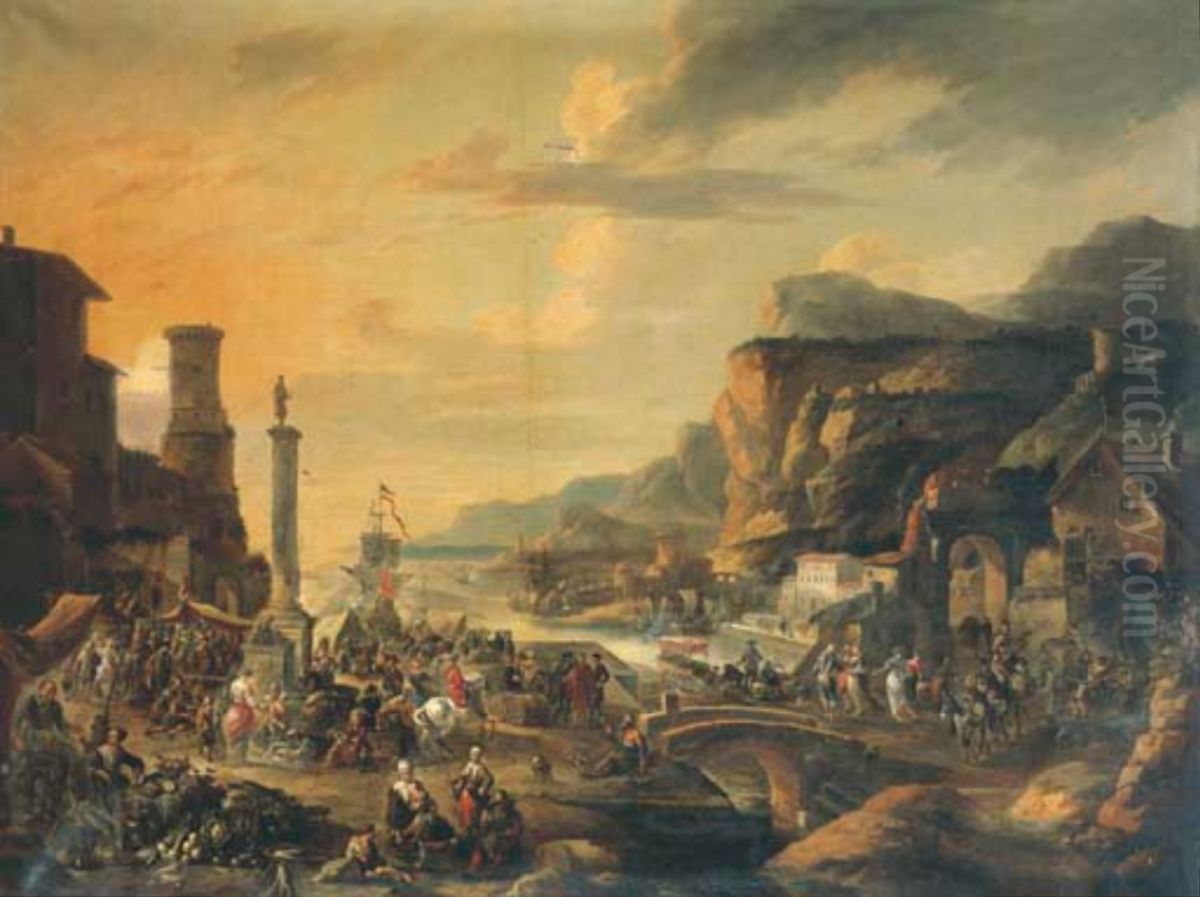 Market near a port in a mountainous landscape Oil Painting by Anton Goubau