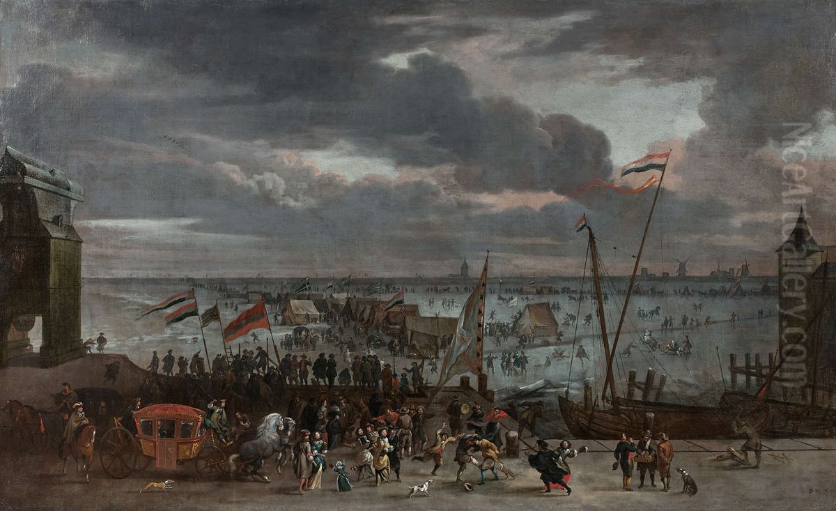 Figures in front of the frozen Scheldt in Antwerp Oil Painting by Erasmus de Bie