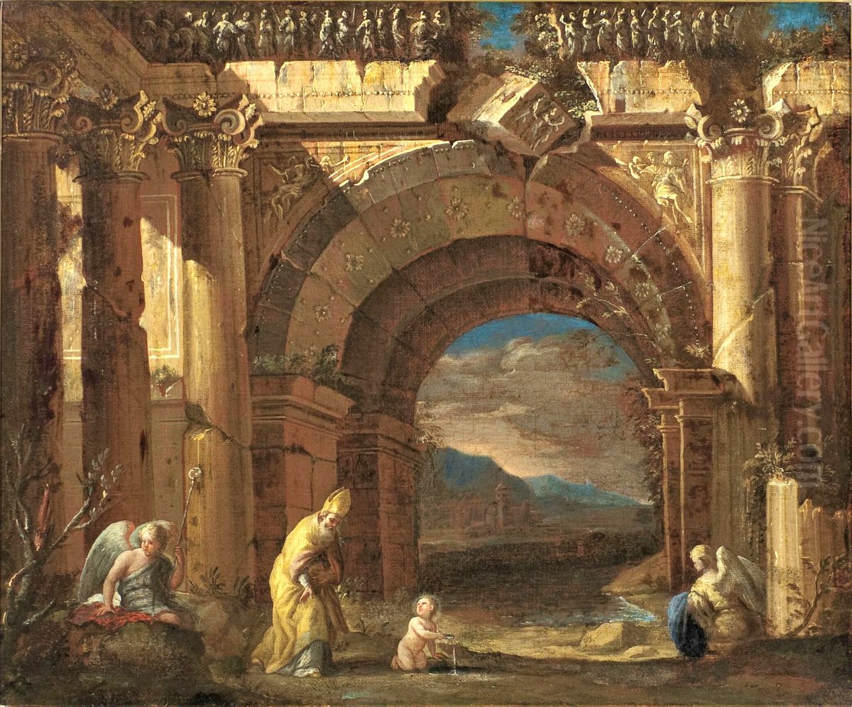 Capriccio with the vision of St. Augustine in a ruined arcade Oil Painting by Ascanio Luciano