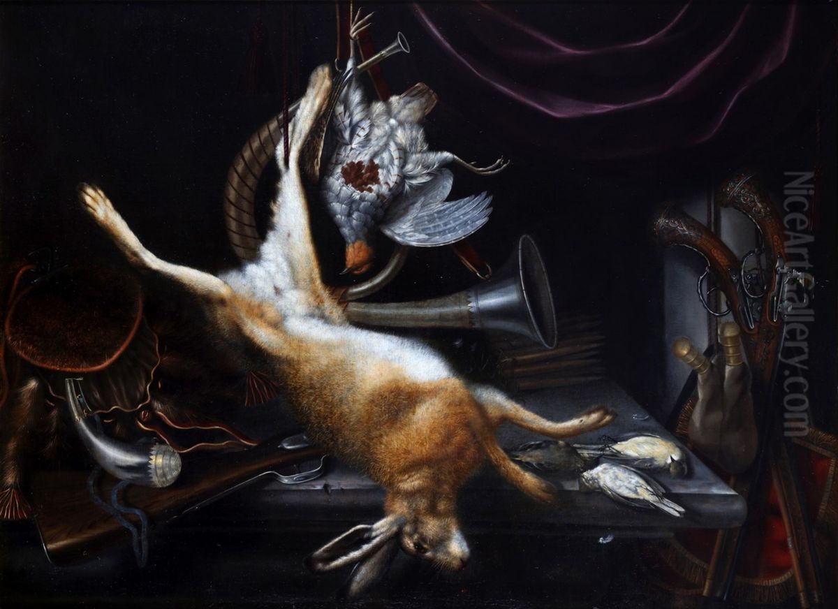 Hunting still life with a hare, hunting horn, powder canisters and pistols Oil Painting by Jacob Biltius