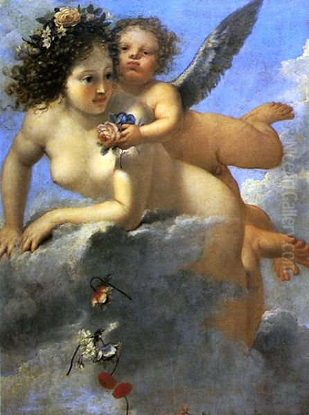 Flora with Amor on a cloud. Oil Painting by Pietro Liberi