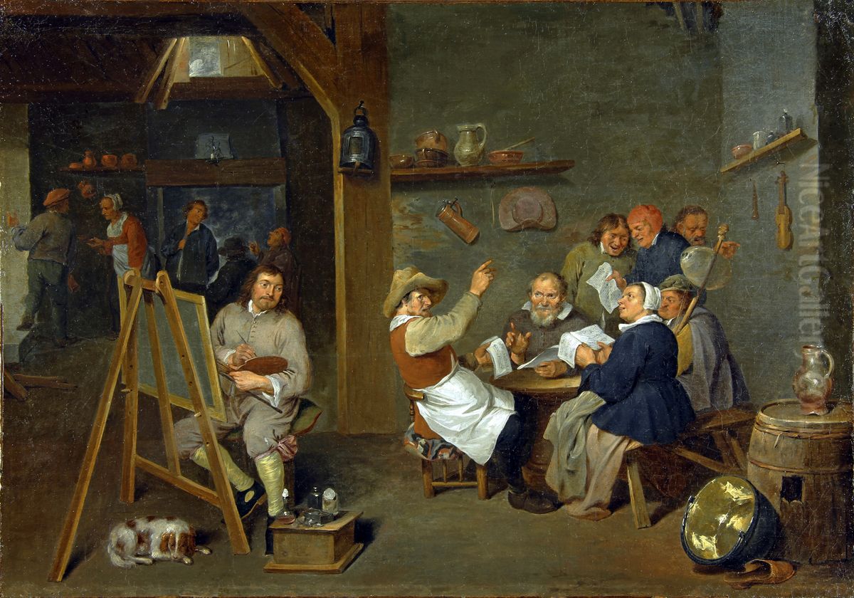 Self-portrait of an artist among a merry, drinking company of peasants in a tavern Oil Painting by Mattheus van Helmont