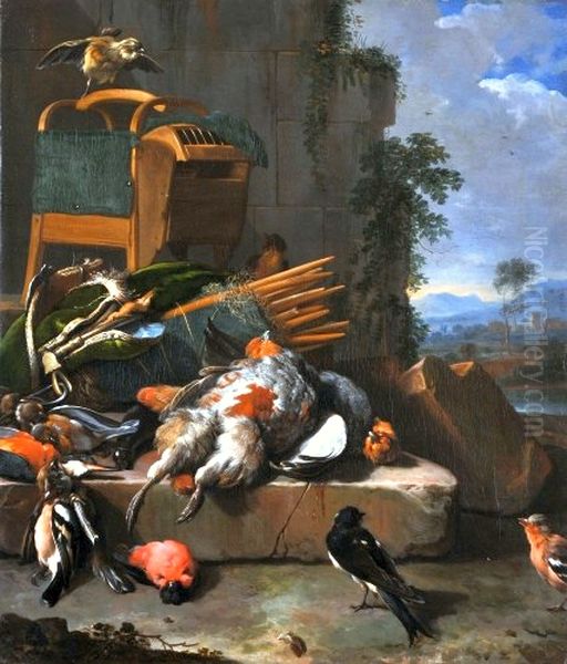 Still-life with birds (Hunting gear). Oil Painting by Melchior D'Hondecoeter