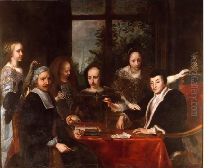 Group portrait of an unknown jeweler and his family (Allegory of Avarice) Oil Painting by Jan De Herdt