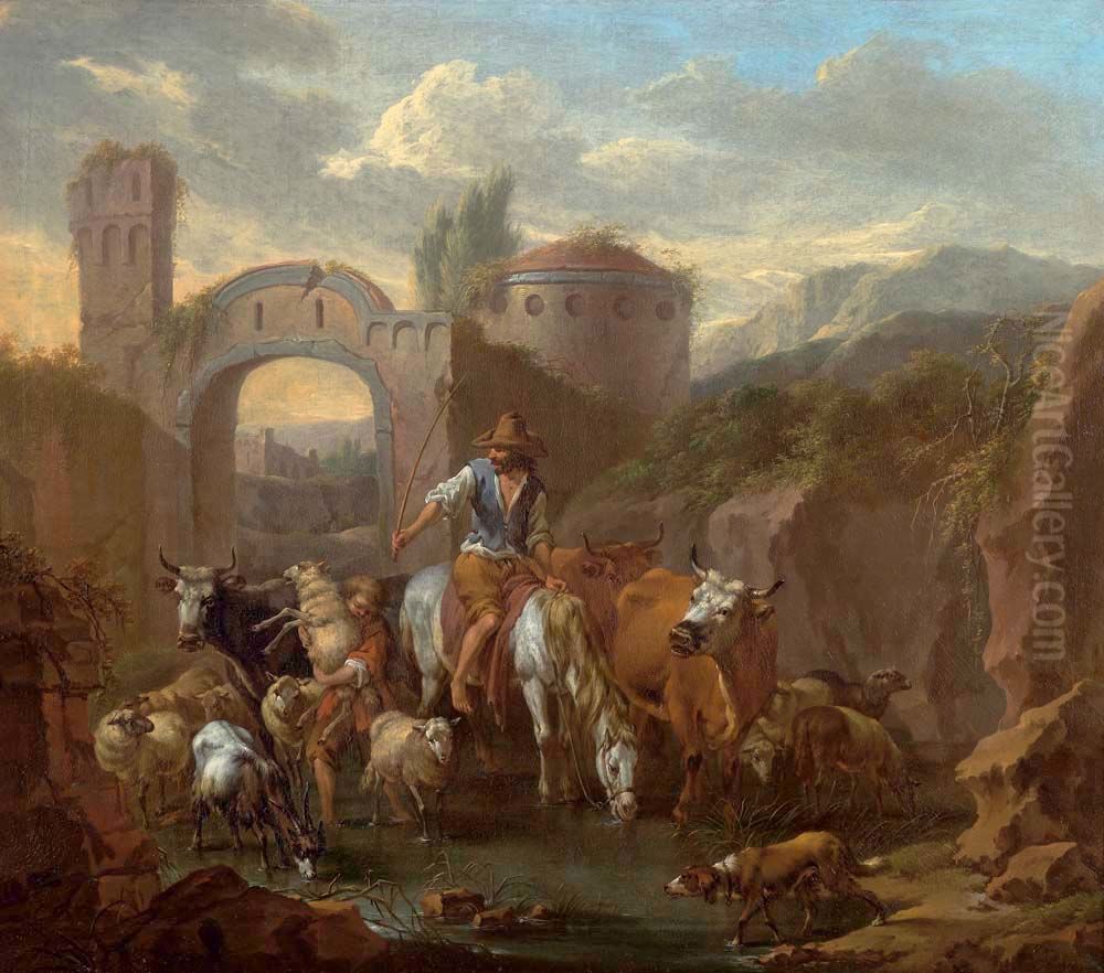 Italianate landscape with a shepherd and his flock Oil Painting by Pieter van Bloemen