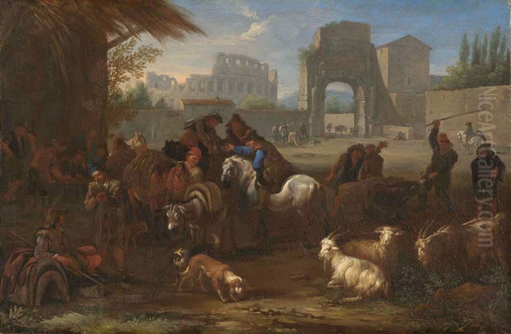 Shepherds with cattle in front of the Colosseum in Rome Oil Painting by Pieter van Bloemen