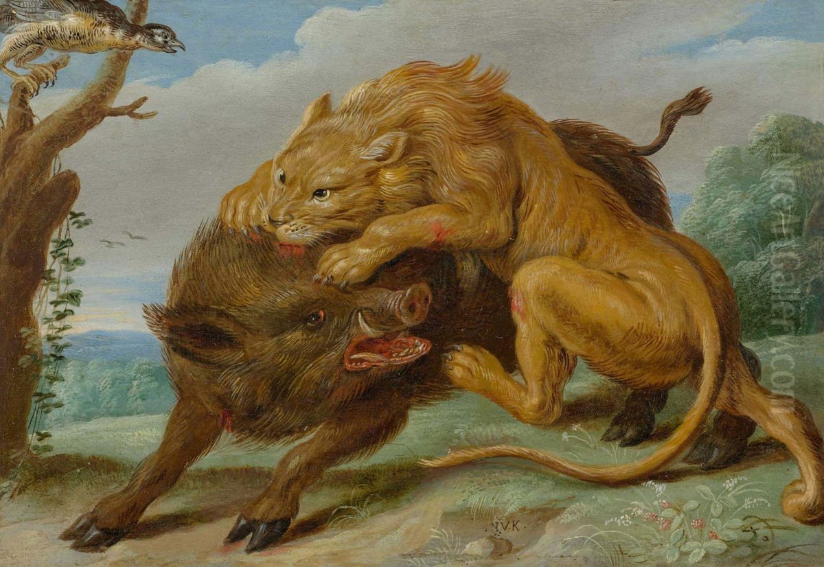 Four scenes from Aesop's fables, The lion and the boar Oil Painting by Jan van Kessel the Elder