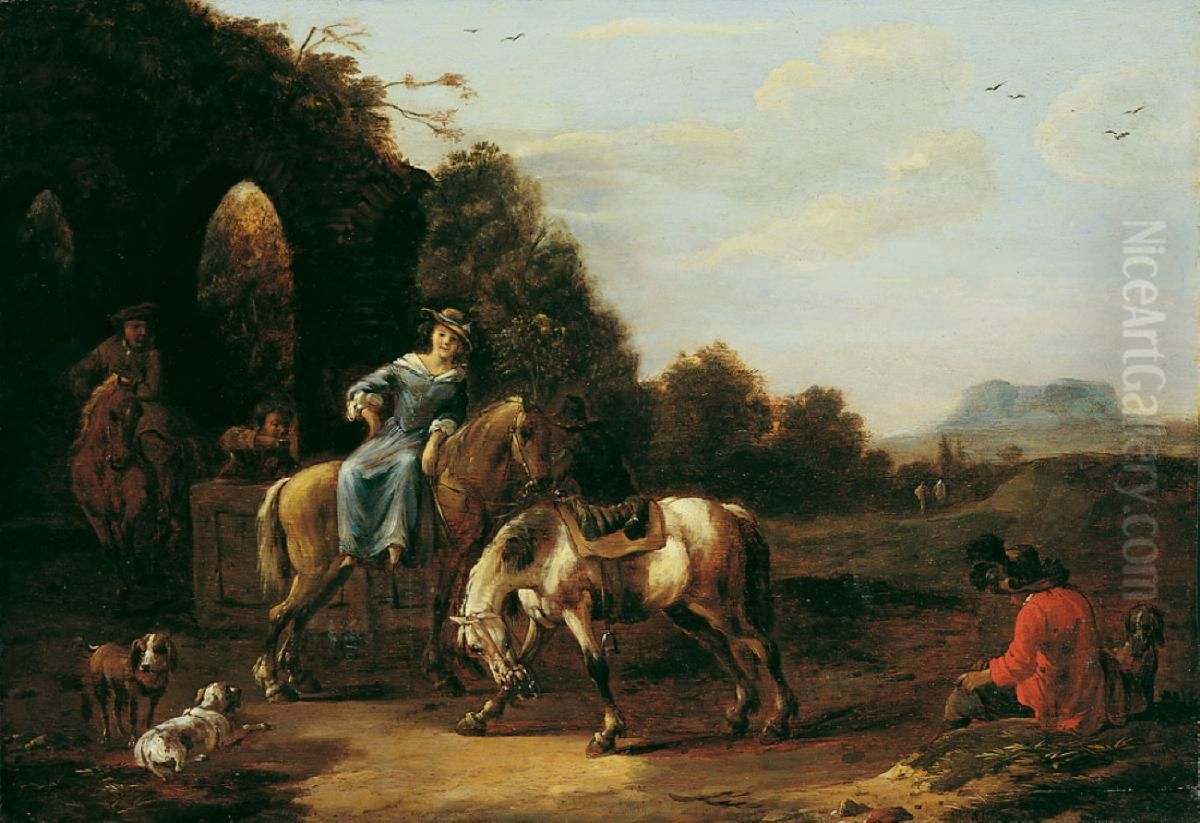Hunting party resting near a fountain under the ruins of an aquaduct Oil Painting by Simon Johannes van Douw