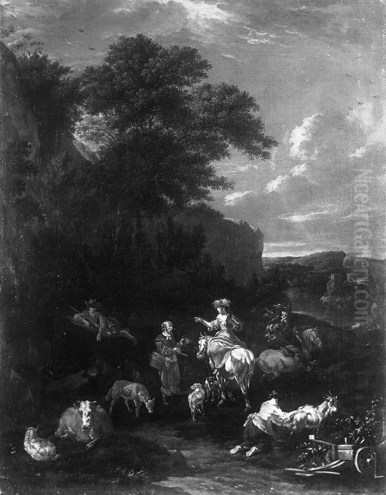 Landscape with people and a herd. Oil Painting by Johannes van der Bent