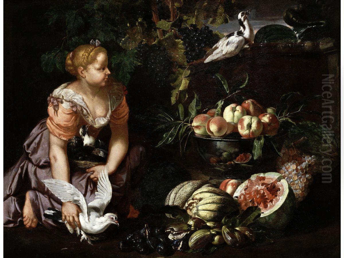 Still life with a young woman Oil Painting by Abraham Brueghel