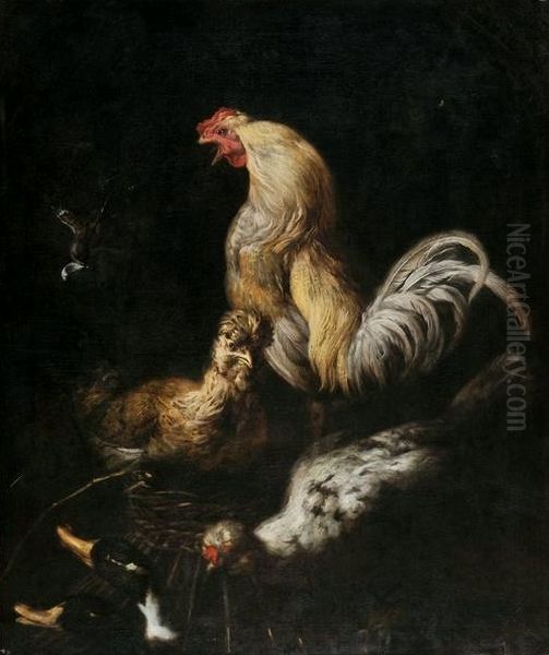 A cock, two chickens and two ducks. Oil Painting by Daniel Schultz