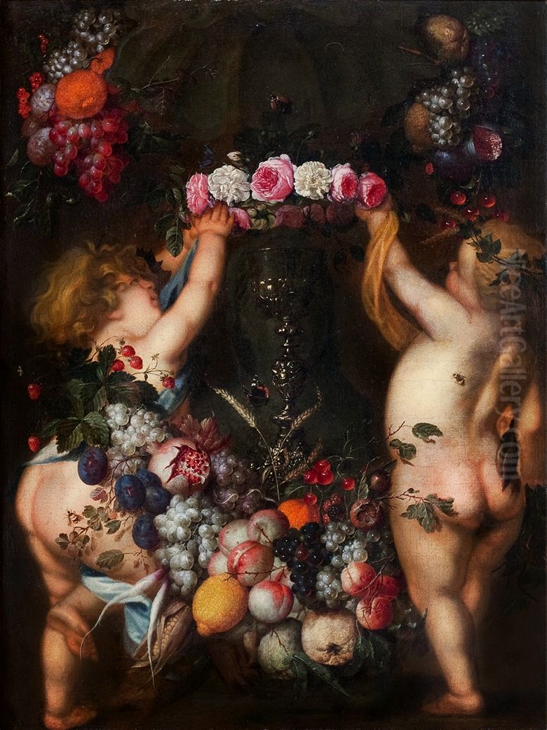 Putti crowning a chalice. Oil Painting by Cornelis De Heem