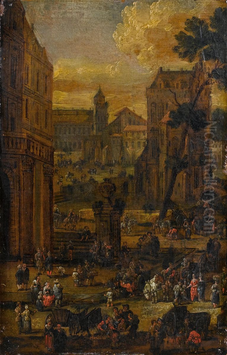 Townscape with figures in a market square in a tortoiseshell frame Oil Painting by Pieter Casteels II