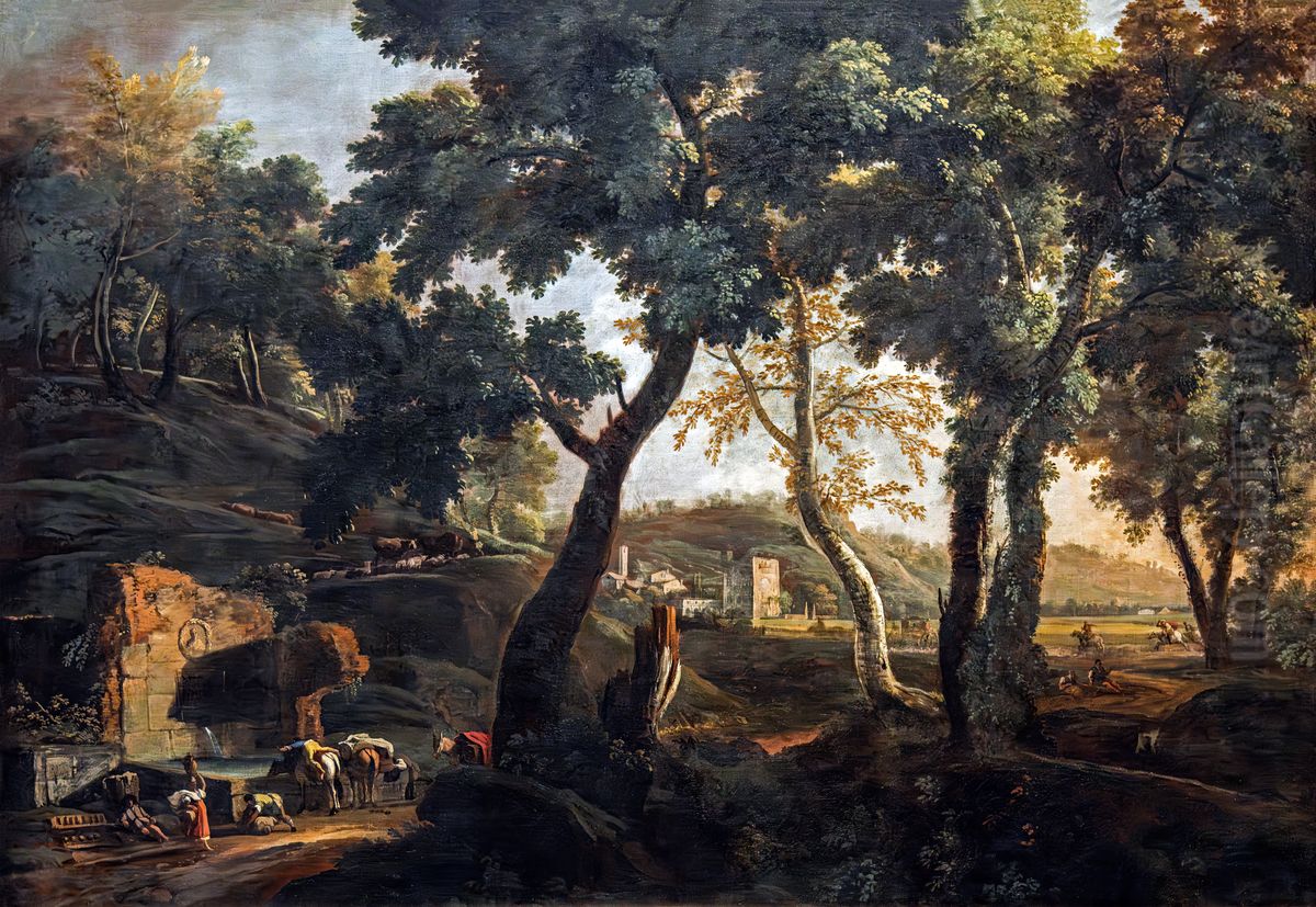 Landscape with Horses at the Drinking Trough Oil Painting by Marco Ricci