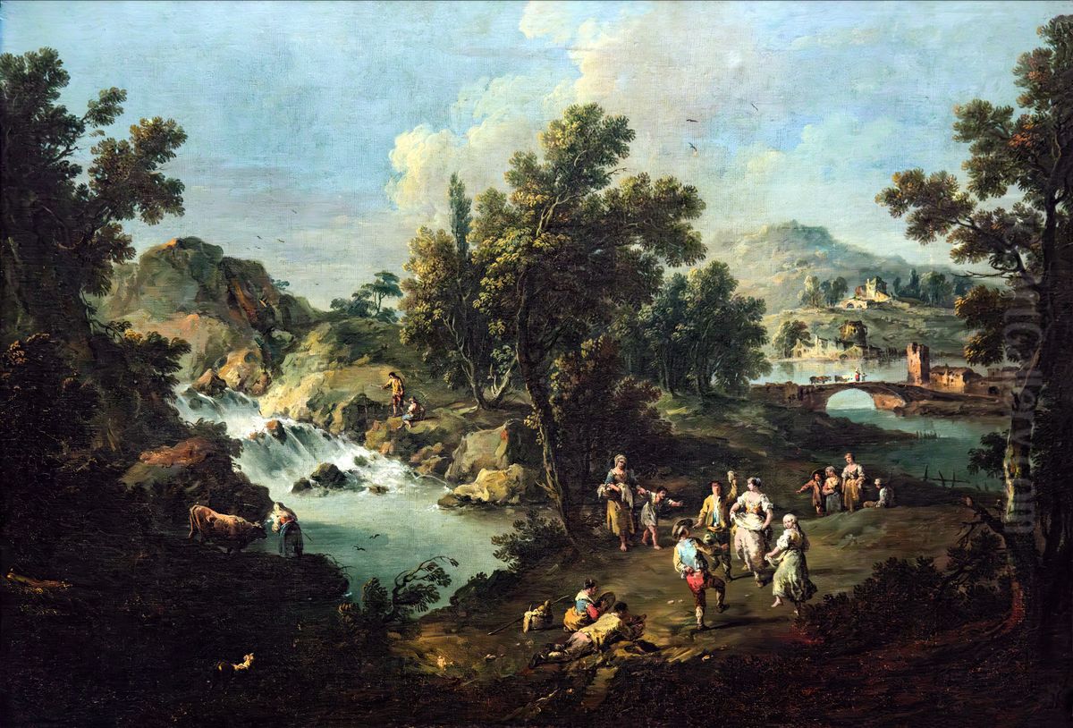 Landscape with a Stream and Peasants Dancing Oil Painting by Giuseppe Zais
