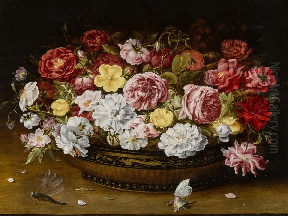 Still life of roses in an oriental lacquer and canework bowl, on a ledge with a butterfly and dragonfly Oil Painting by Osias Beert