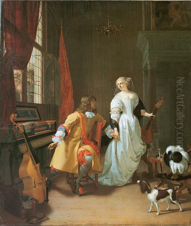 An elegant couple with musical instruments in an interior. Oil Painting by Jan Verkolje