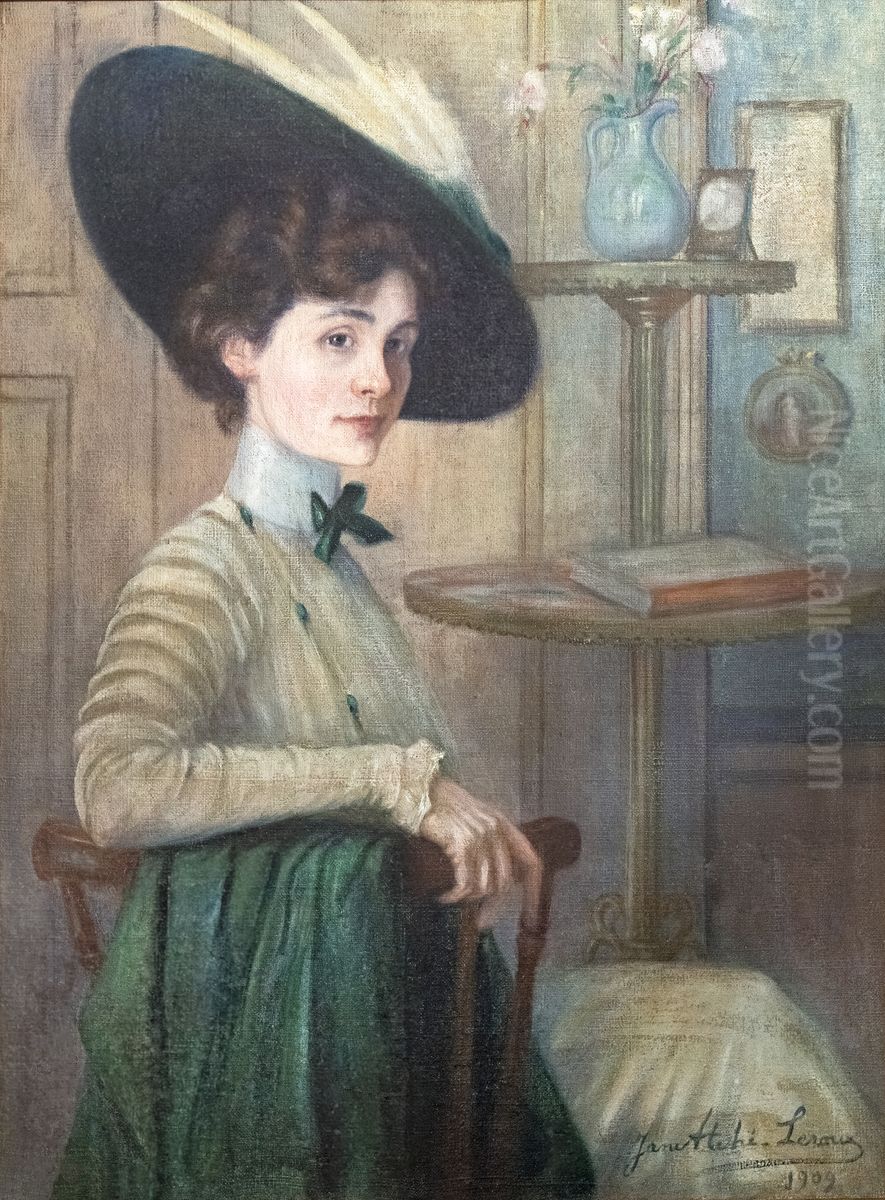 Self-portrait with a green hat Oil Painting by Jane Atche