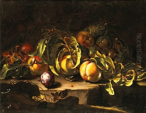 Still life with peaches. Oil Painting by Giovan Battista Ruoppolo