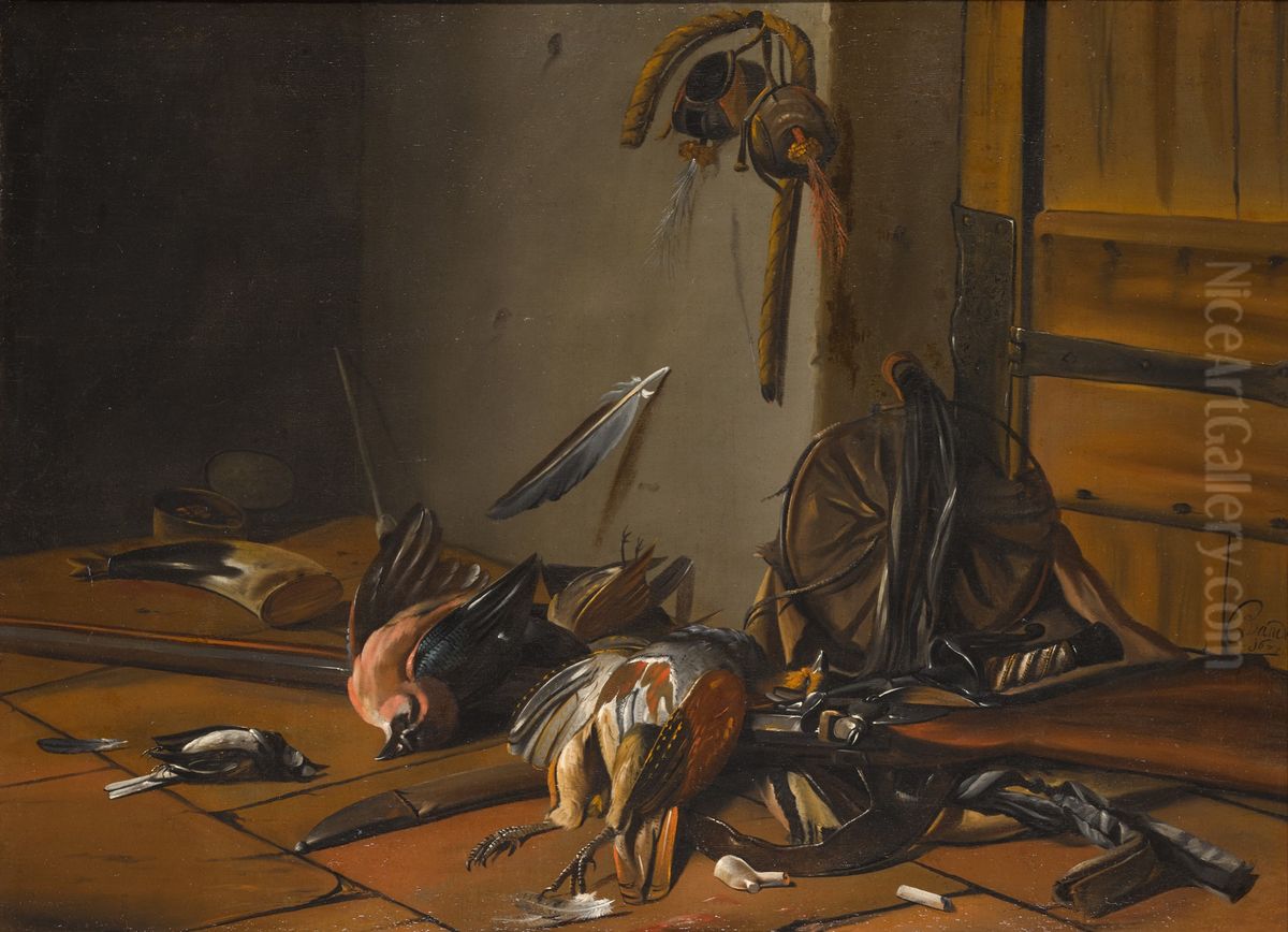 Still life with birds and hunting equipment in an interior Oil Painting by Cornelis Van Der Meulen
