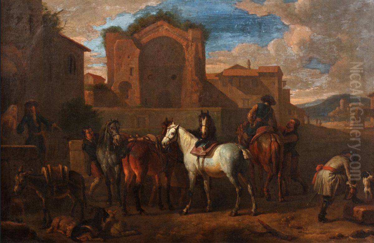 Rest of knights in a village Oil Painting by Pieter van Bloemen