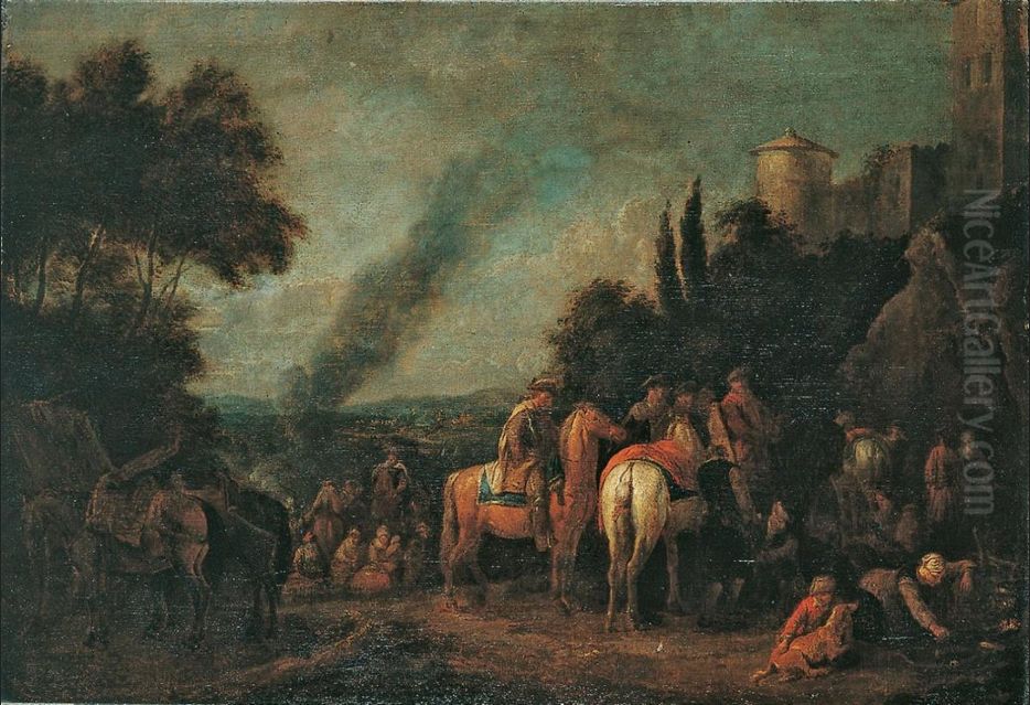 Landscape with resting soldiers Oil Painting by Pieter van Bloemen