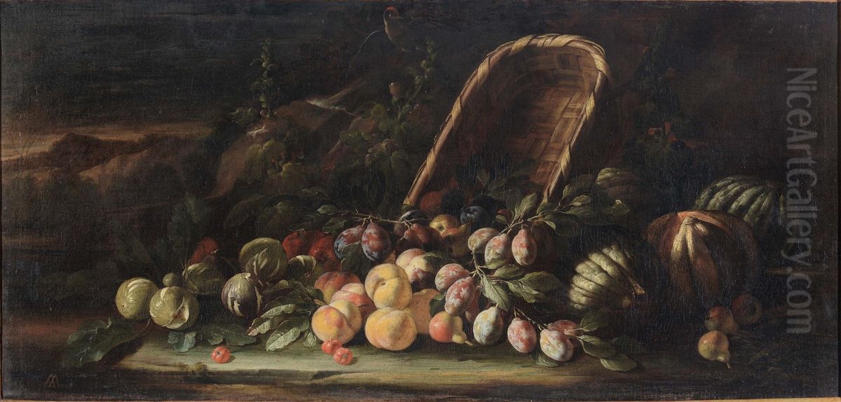Still life of fruit in a basket in a landscape Oil Painting by Aniello Ascione