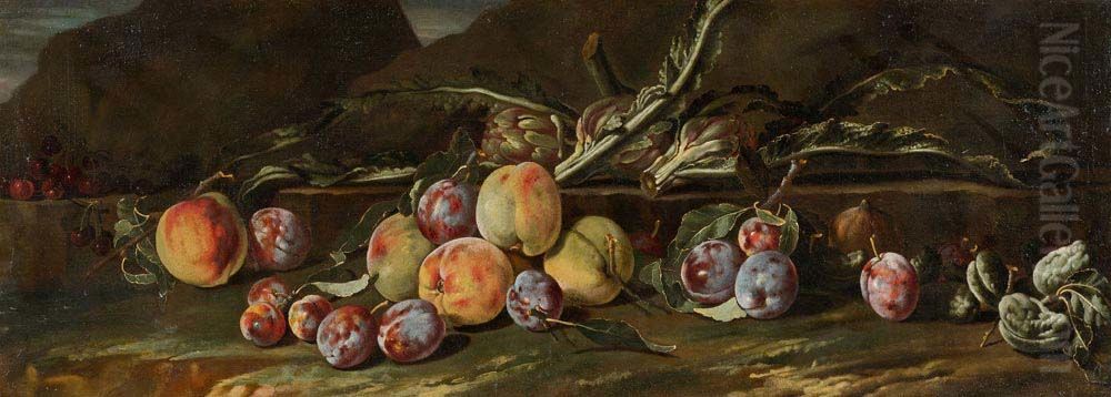 Still life in a landscape with peaches, plums and artichoke Oil Painting by Aniello Ascione