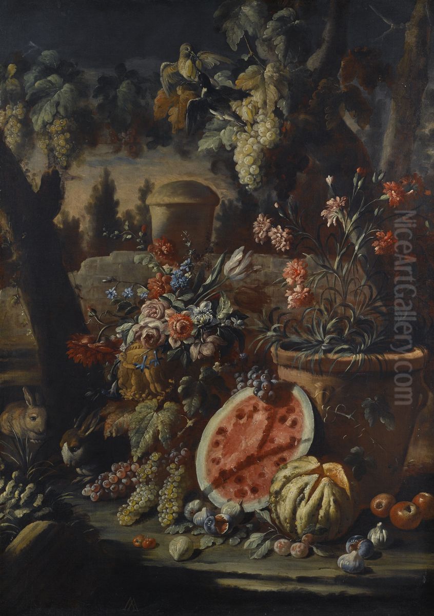 Carnations in a terracotta pot, with grapes, watermelon and other fruit in a landscape Oil Painting by Aniello Ascione