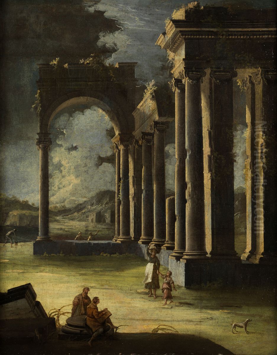 Antique Ruins With Figure Staffage In Nocturnal Light Oil Painting by Gennaro Greco