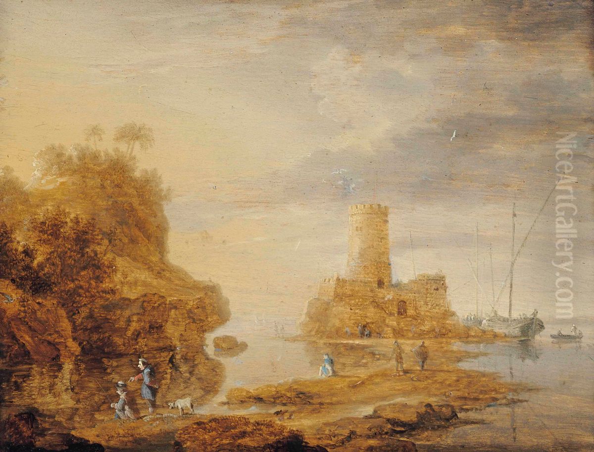 Coastal landscape with figures on a path and anglers on a shore, a fortress with vessels beyond Oil Painting by Bonaventura Peeters the Younger