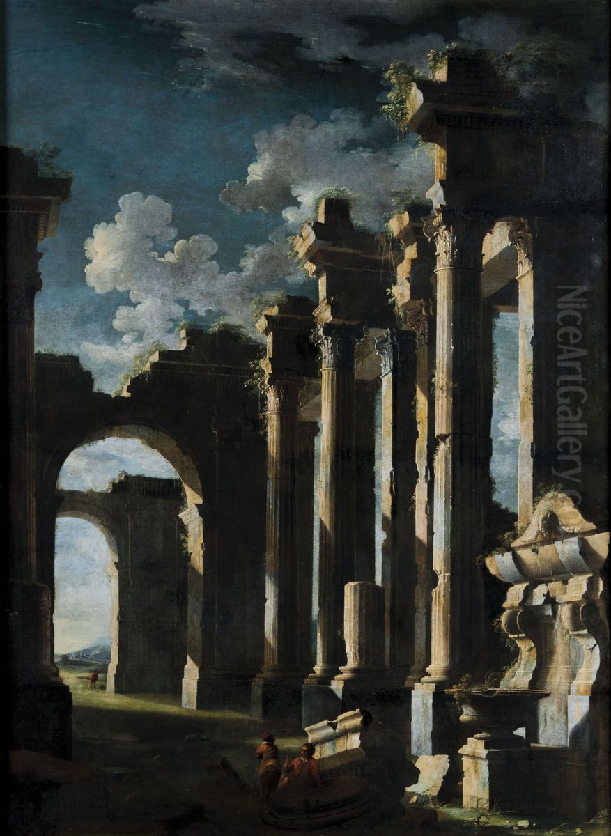 Architectural capriccio, figures within a classical ruin Oil Painting by Gennaro Greco