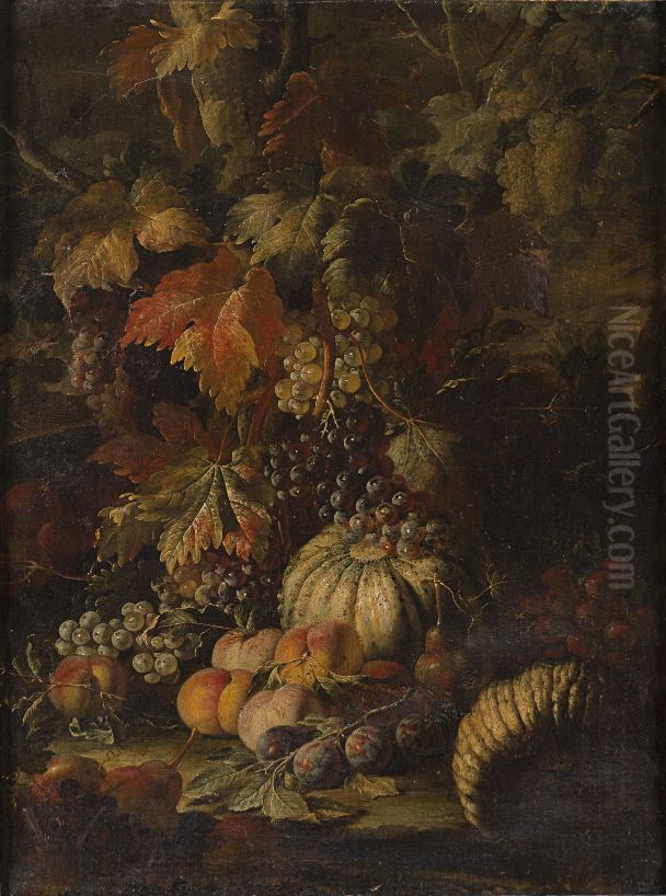 Still life with Grapes, Watermelon, Strawberries, Plums, Peaches, Pomegranate, Flowers and Dog Oil Painting by Aniello Ascione