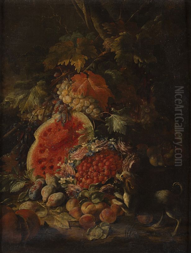 Still life with Grapes, Pumpkins, Peaches, Plums and Pears. Oil Painting by Aniello Ascione