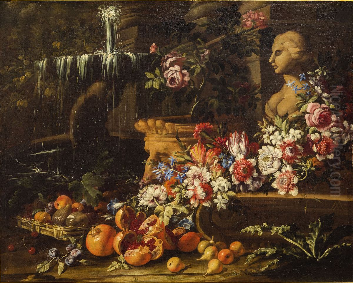 Still life with flowers, fruits and a fountain Oil Painting by Aniello Ascione