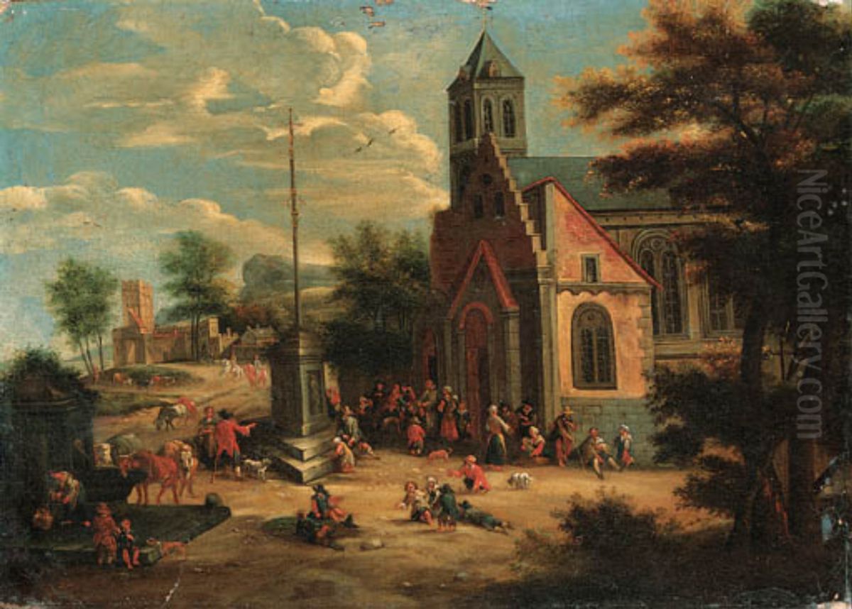 Villagers outside a Church, a landscape with a manor house beyond Oil Painting by Mathys Schoevaerdts