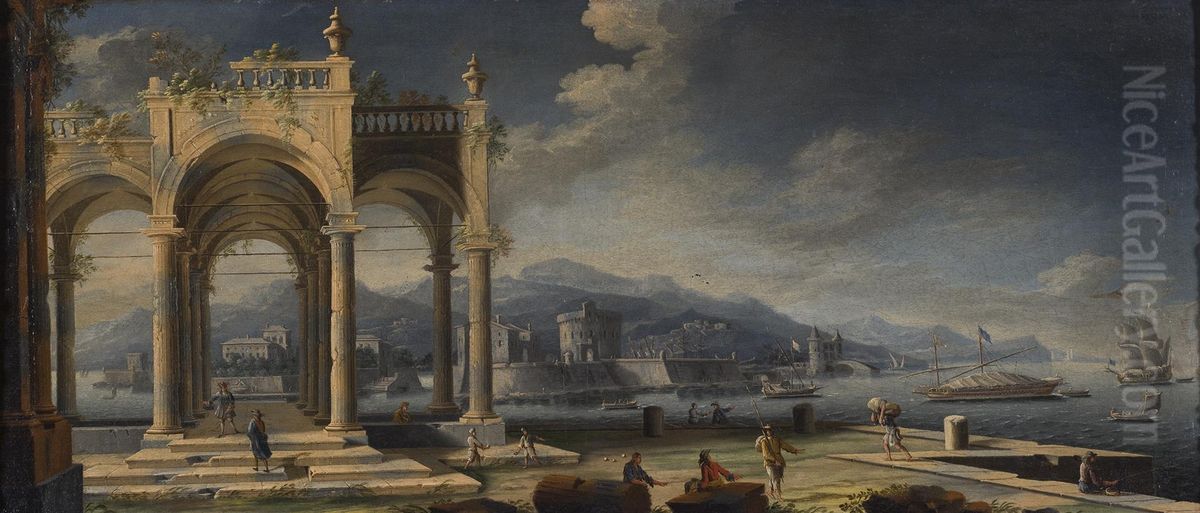 Capriccio of ancient ruins at a Mediterranean port with boats and bystanders Oil Painting by Gennaro Greco